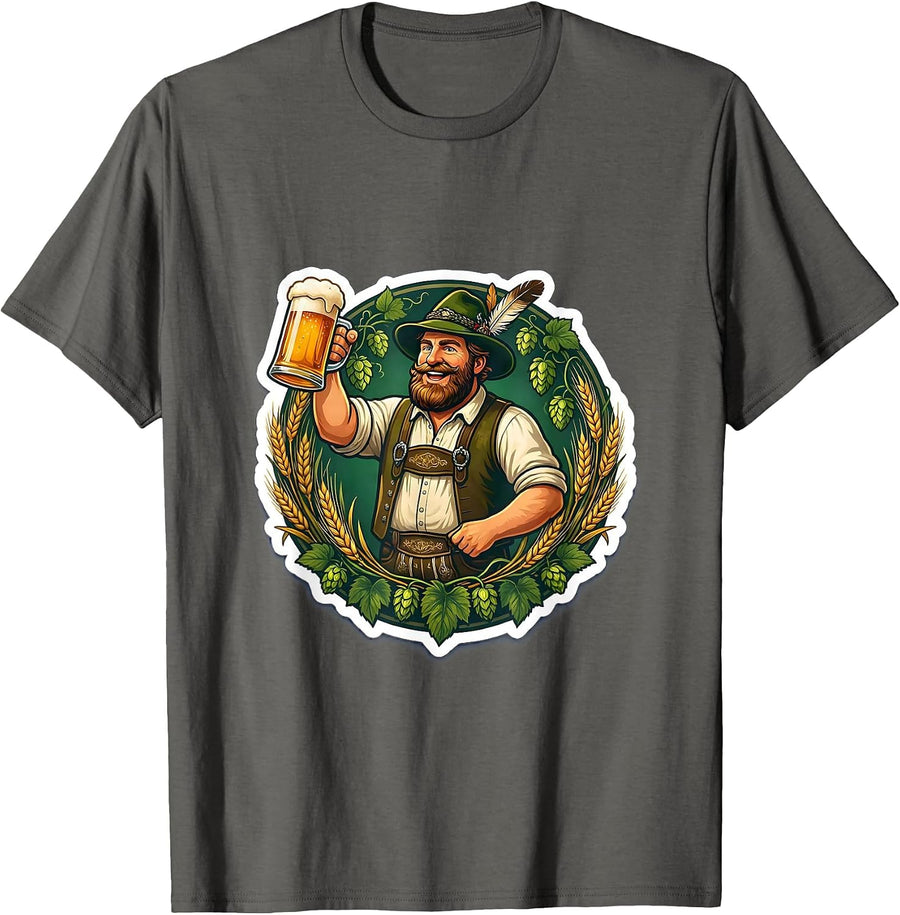 Bavarian Oktoberfest Hops and Barley Illustration T-Shirt - Asphalt Grey