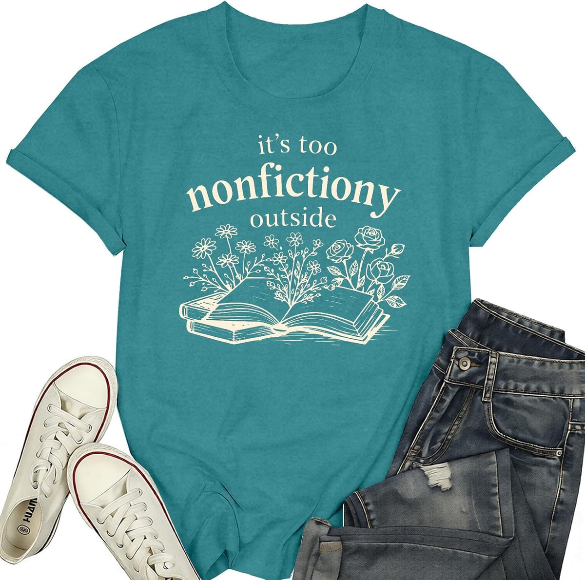 Book Shirts for Women Reading Librarian Teacher T-Shirt It's Too Non-fictiony Outside Tee Tops - Cyan