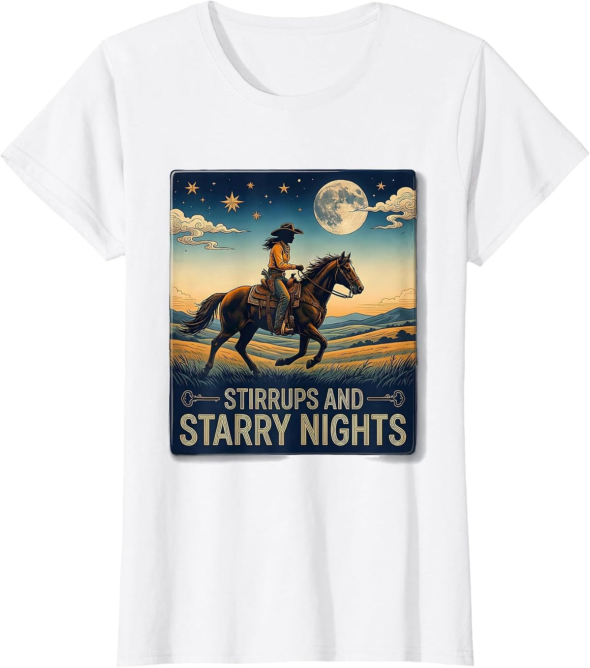 Women's Stirrups and Starry Nights Cowgirl Design T-Shirt - White
