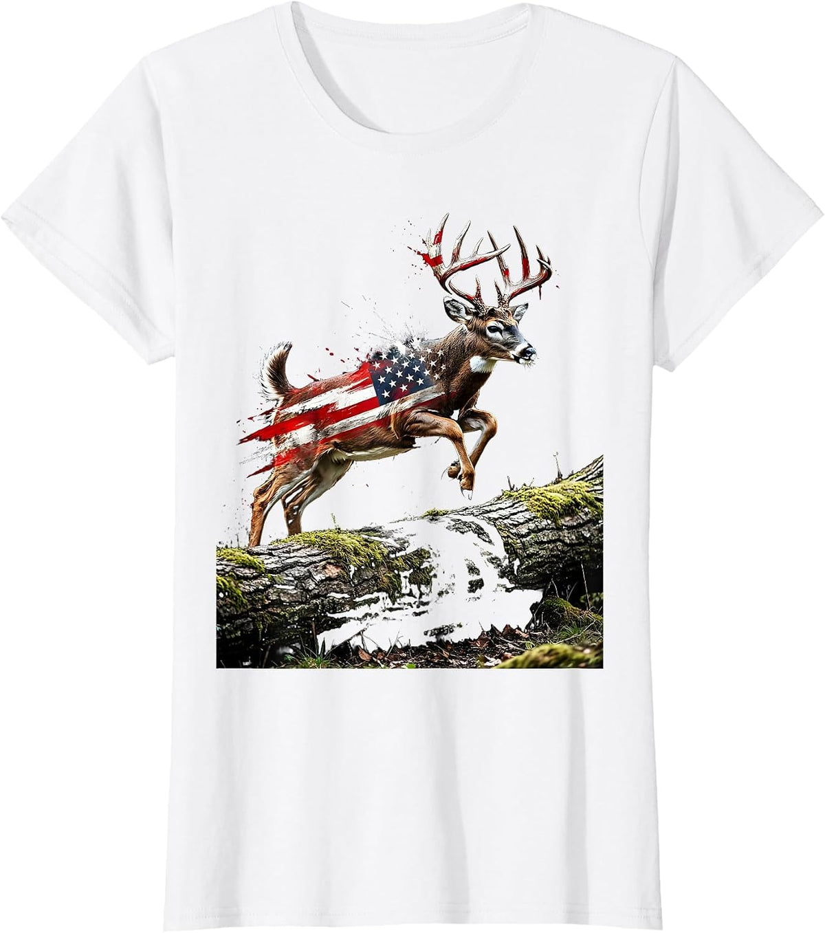Women's Camo Whitetail Buck Leaping Over Fallen Log T-Shirt - White