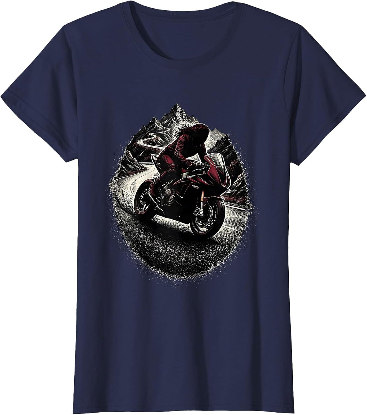 Women's Biker Leaning Into Mountain Road Curve Graphic T-Shirt - Navy Blue