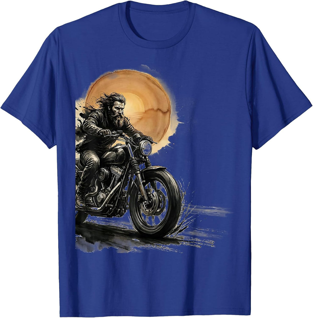 Bearded Biker Sunset Motorcycle Graphic Tee T-Shirt - Royal Blue