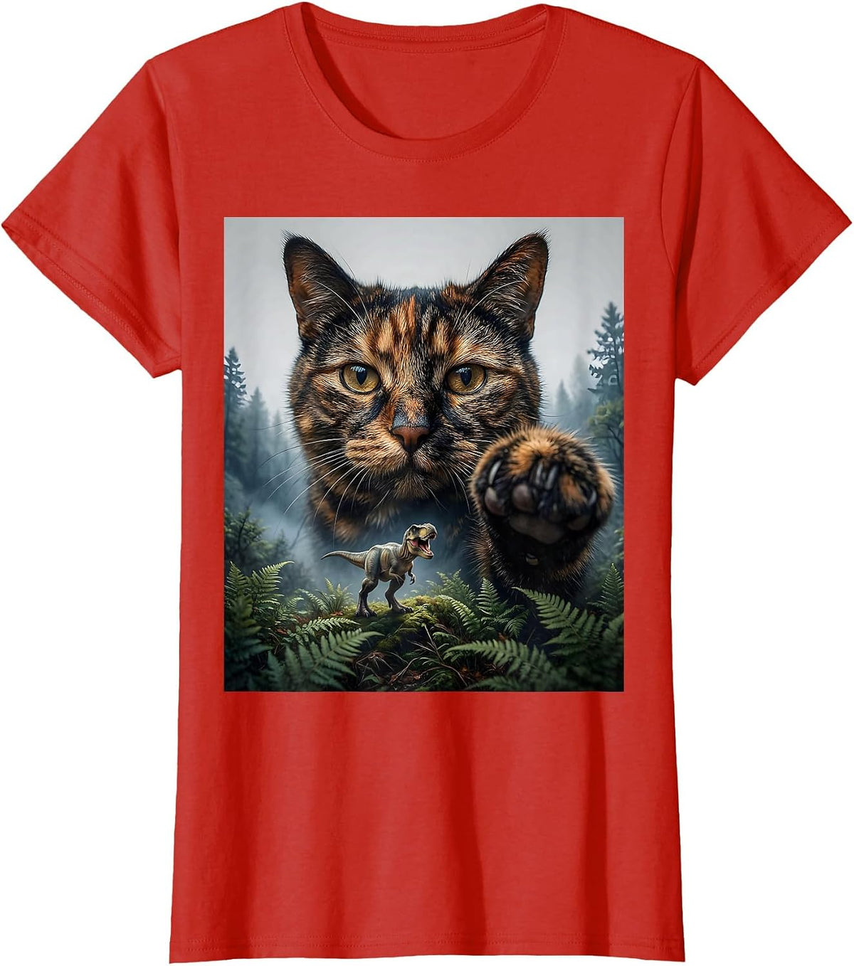Women's Oversized Calm Tortoiseshell Cat Face Funny T-Rex Dinosaur T-Shirt - Red