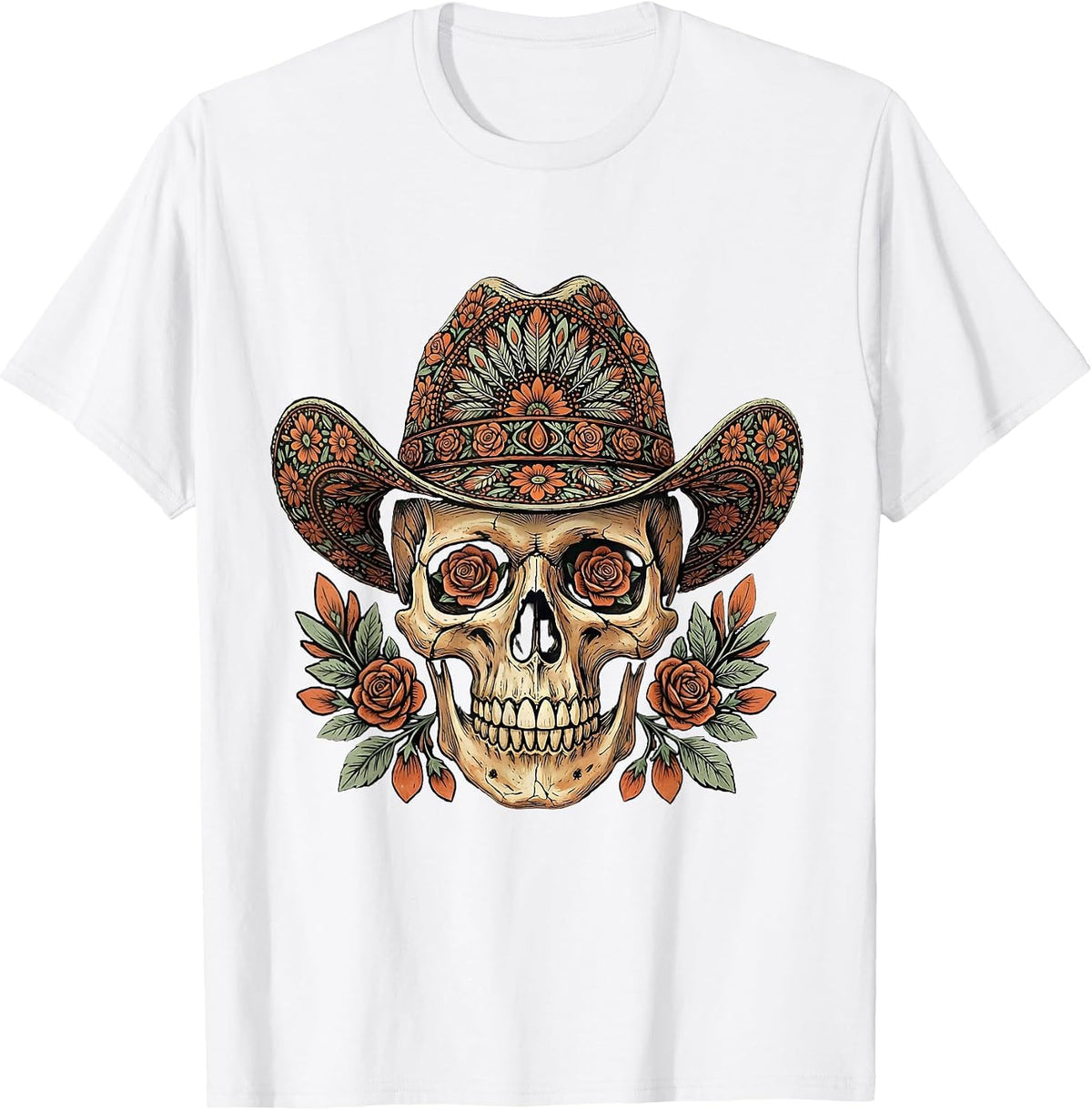Men's Floral Cowboy Hat Skull Country Music Design T-Shirt - White