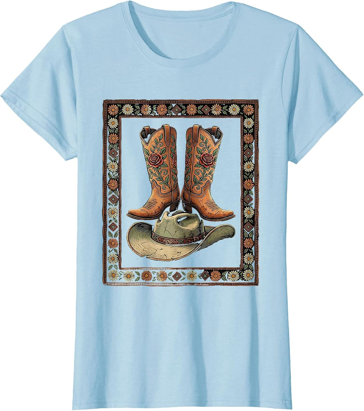 Cowgirl Boots Stomping Cowboy Hat Western Art T-Shirt - Baby Blue