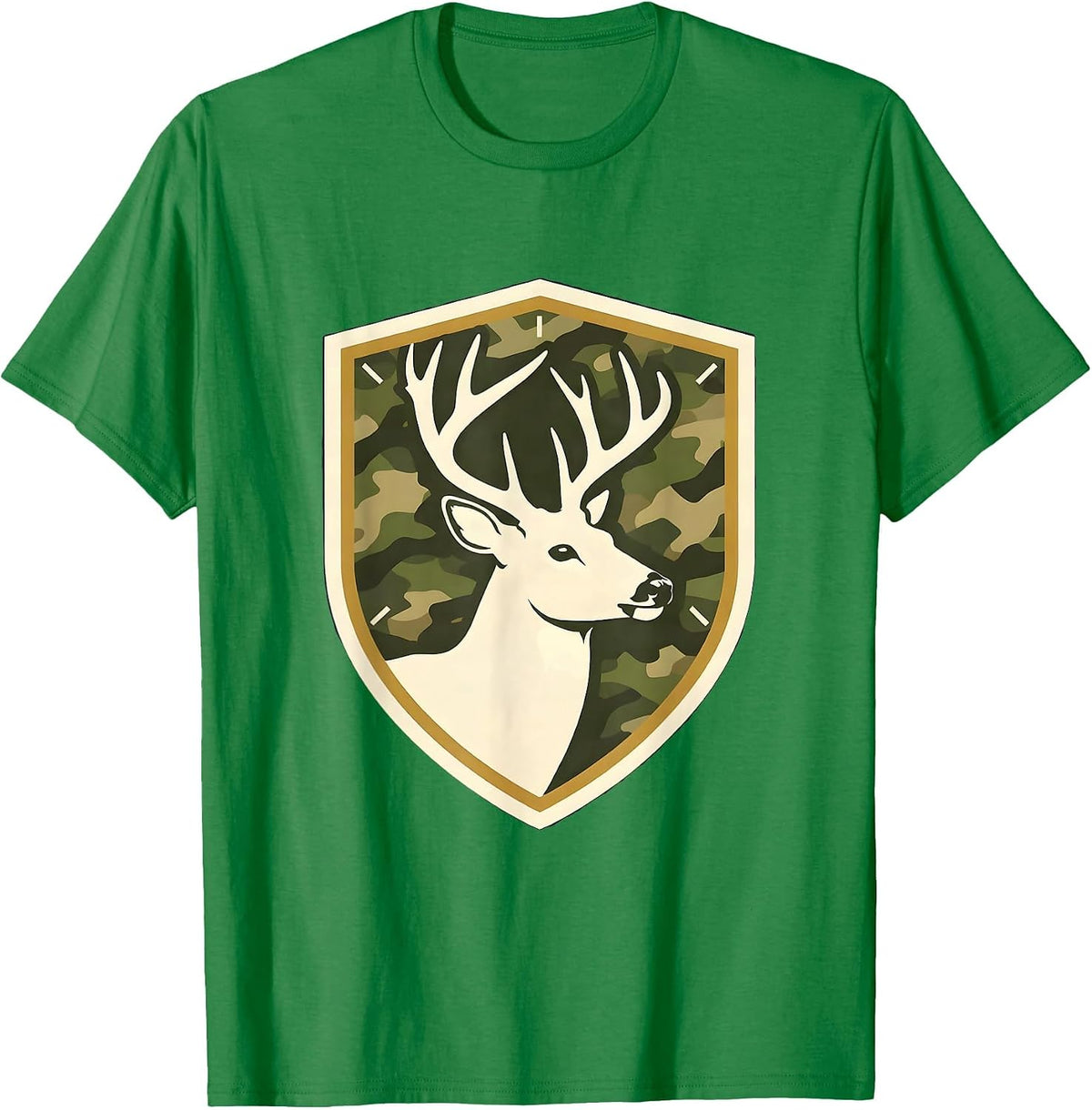 Men's Shield Buck Antlers Camo Emblem Hunting Dad T-Shirt - Kelly Green
