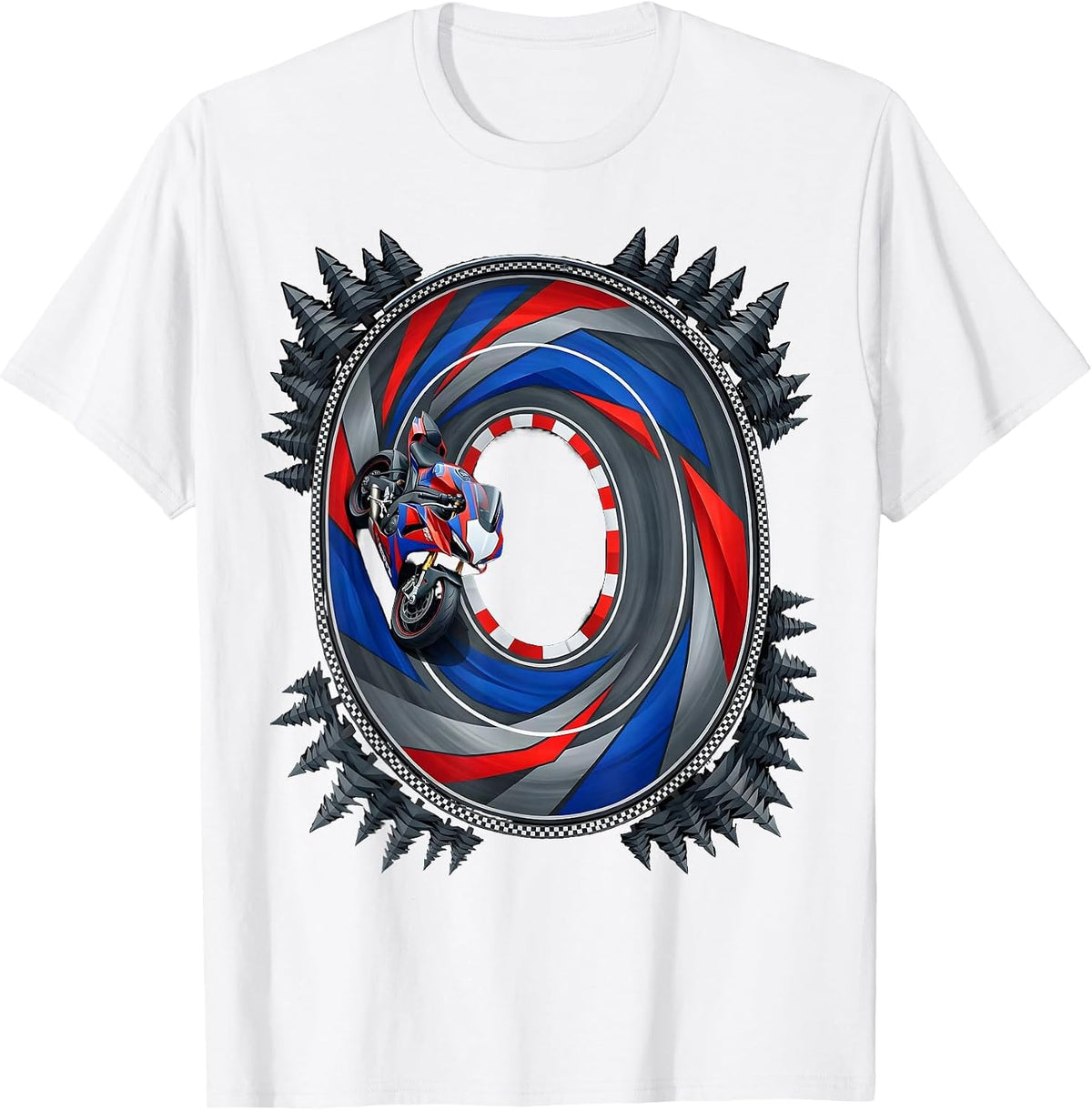 Men's Mountain Road Pine Forest Aerial Motorcycle Design T-Shirt - White