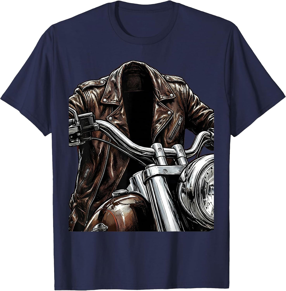Men's Retro Motorcycle Leather Jacket Graphic Tee T-Shirt - Navy Blue