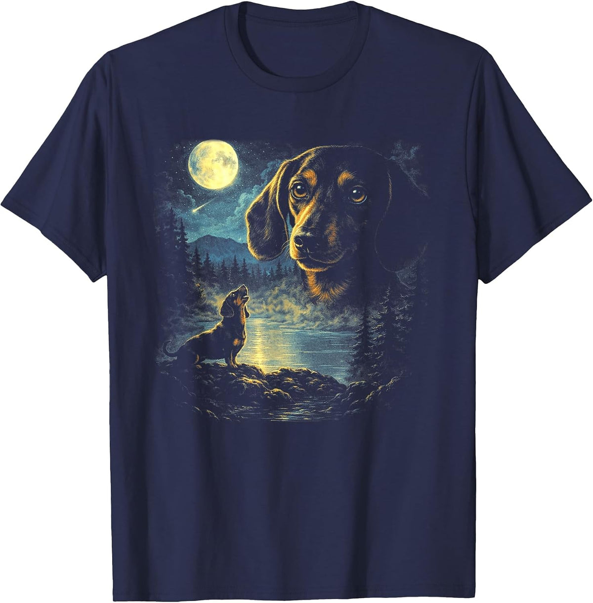 Dachshund Howling to The Moon Vintage 90s Retro Wiener T-Shirt - Navy Blue