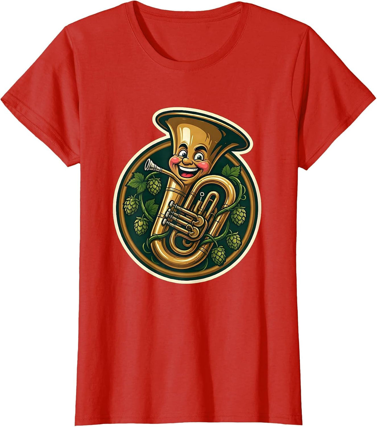Women's Oktoberfest Tuba Wrapped in Hop Vines Design T-Shirt - Red
