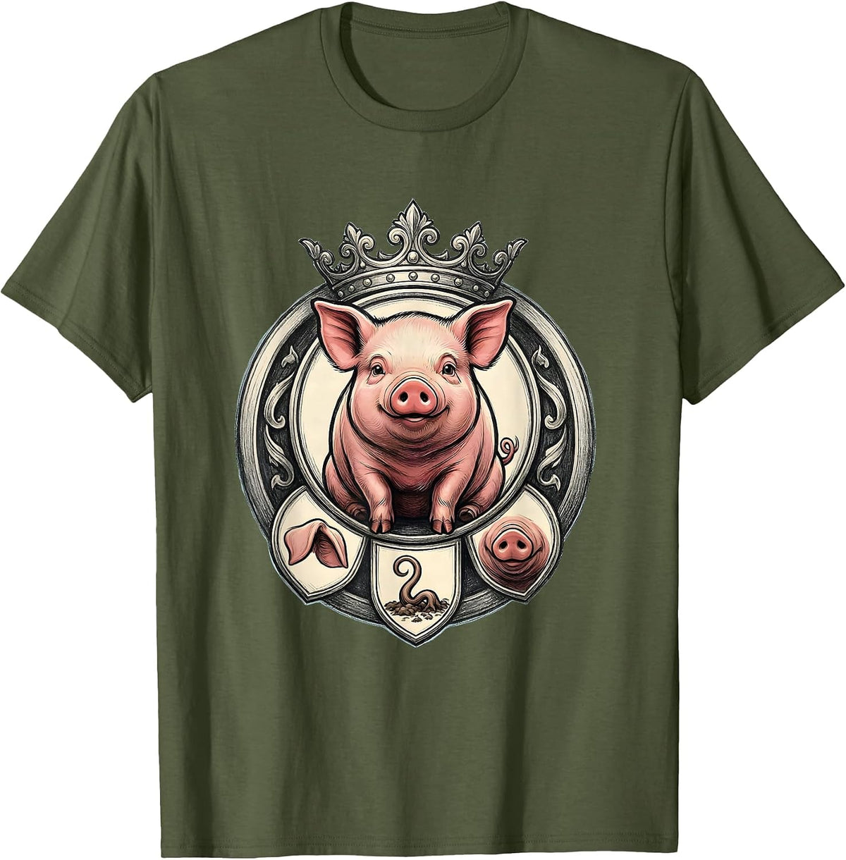 Men's Potbellied Pig Crest Cute Cartoon Pig Lover Emblem T-Shirt - Olive Green
