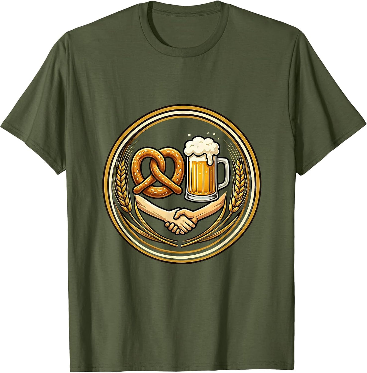 Men's Pretzel and Beer Mug Holding Hands Funny Beer T-Shirt - Olive Green
