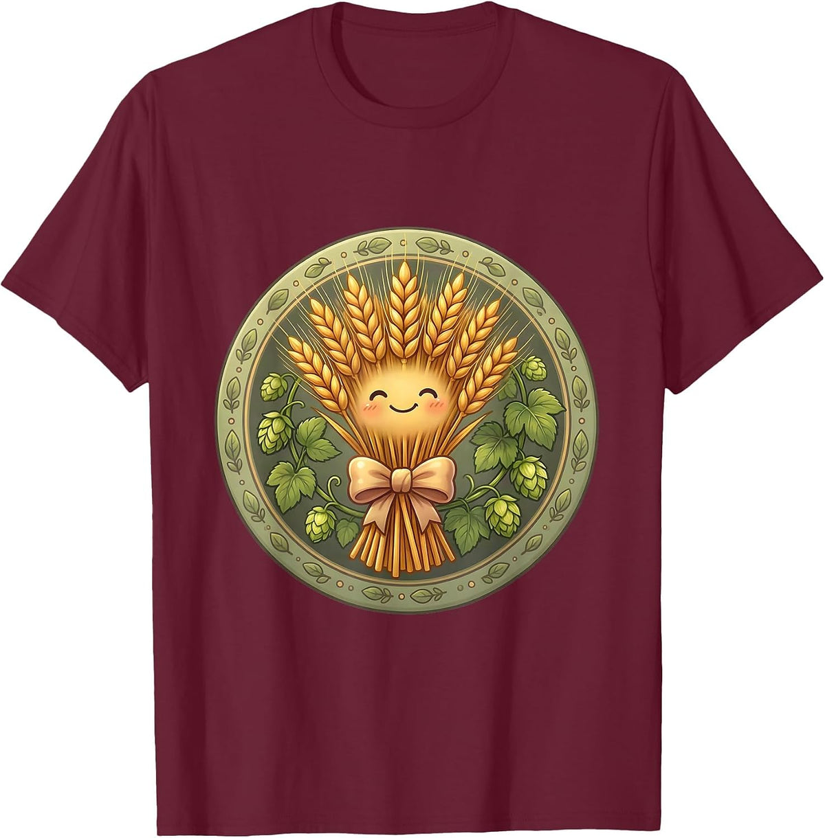 Oktoberfest Hop Vine and Wheat Bundle Design T-Shirt - Burgundy