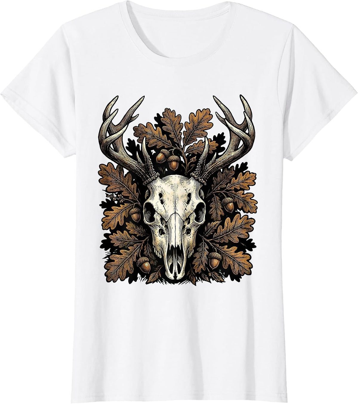 Camo Deer Skull Antlers Foliage Graphic Design T-Shirt - White