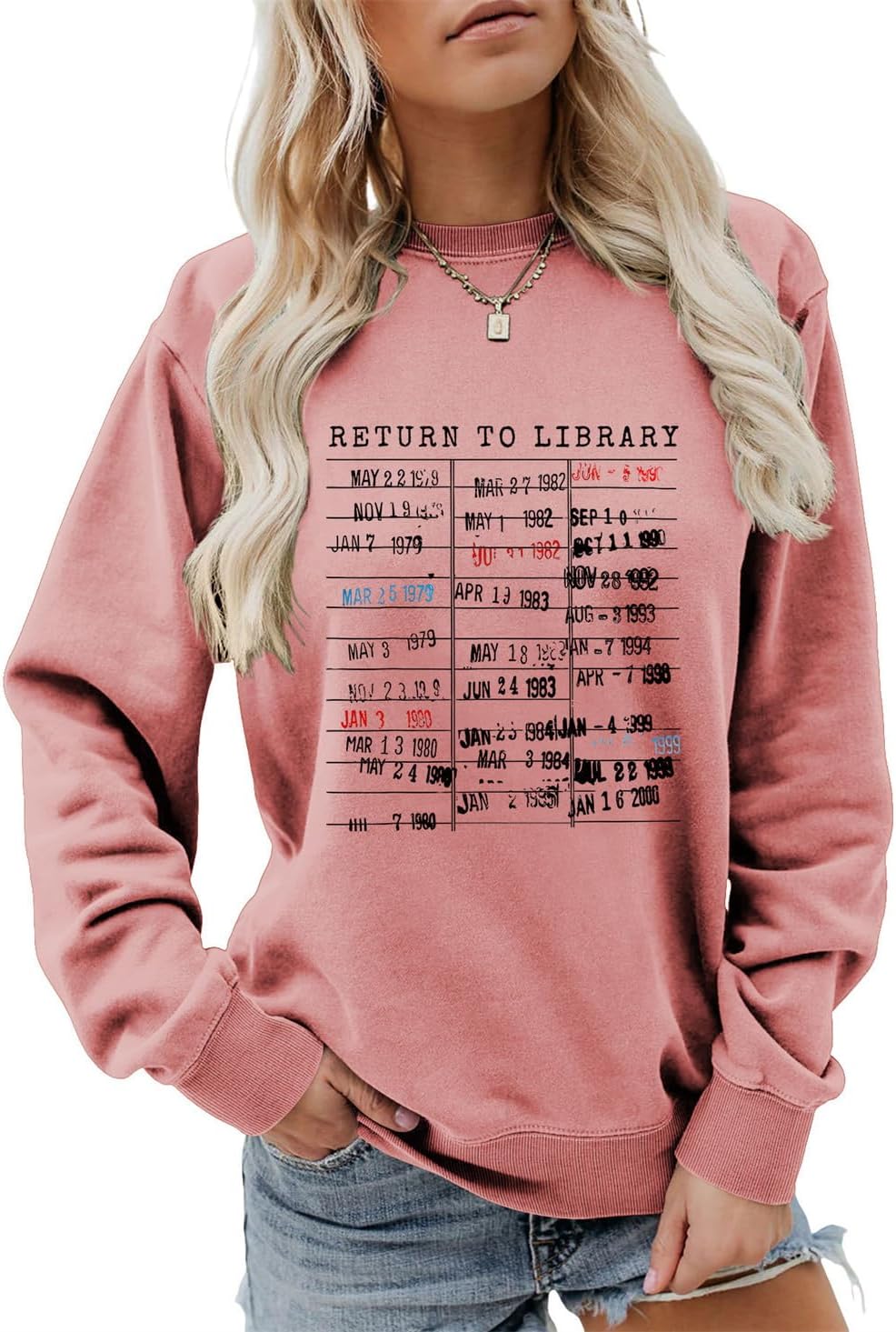 Return to Library Sweatshirt Women Book Crewneck Librarian Bookish Shirt Book Lover Tee Long Sleeve Teacher Tops - Pink