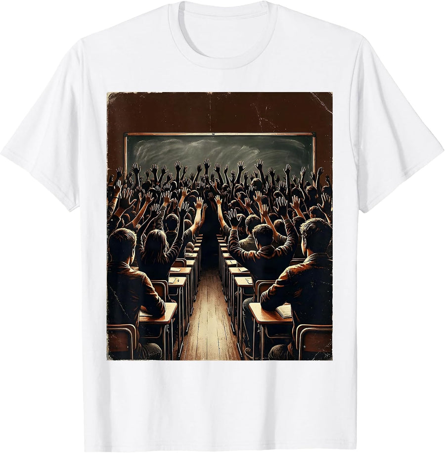 Men's Hand Raising Classroom Silhouette Teacher Design T-Shirt - White