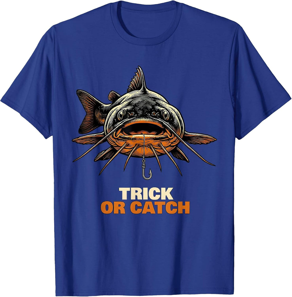 Men's Trick Or Catch Oversized Bullhead Catfish Funny Halloween T-Shirt - Royal Blue