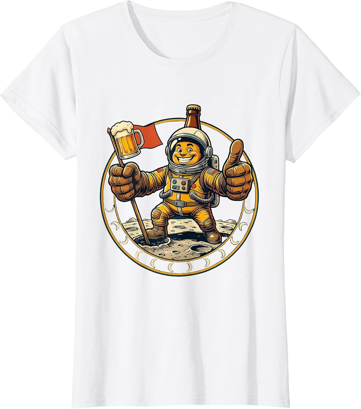 Astronaut Beer Flag Moon Landing Graphic T-Shirt - White