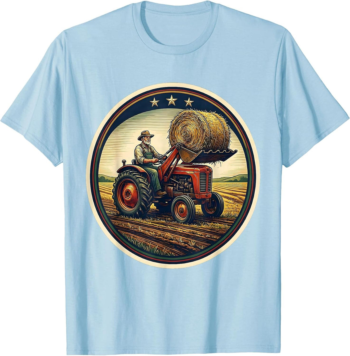 Men's Farm Tractor Farmer Badge Humor Pride T-Shirt - Baby Blue