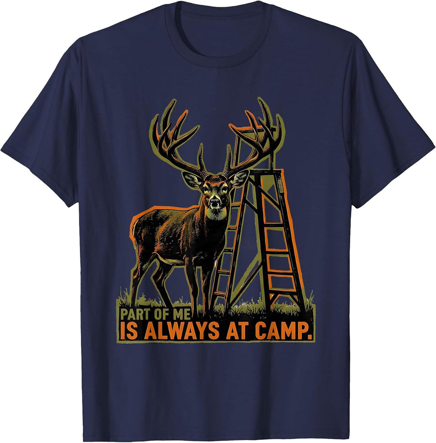 Part Of Me Is Always At Camp Screenprint Poster Whitetail T-Shirt - Navy Blue