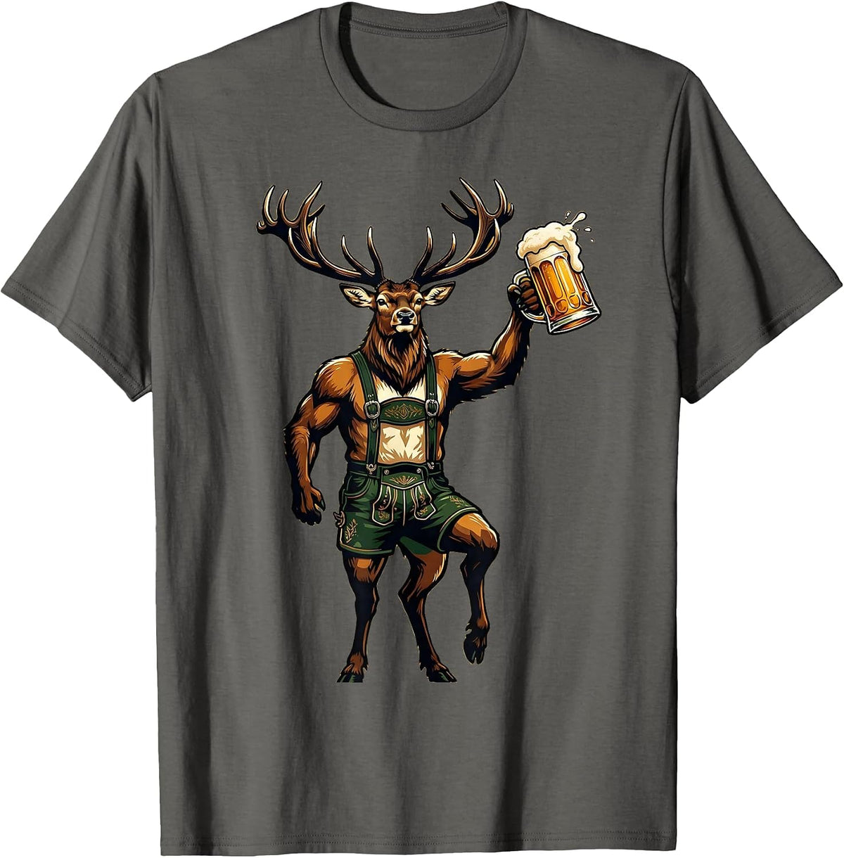 Men's Lederhosen Stag Beer Mug Oktoberfest Design T-Shirt - Asphalt Grey