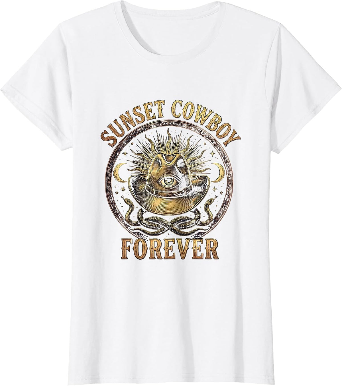 Sunset Cowboy Forever Western Graphic Design T-Shirt - White