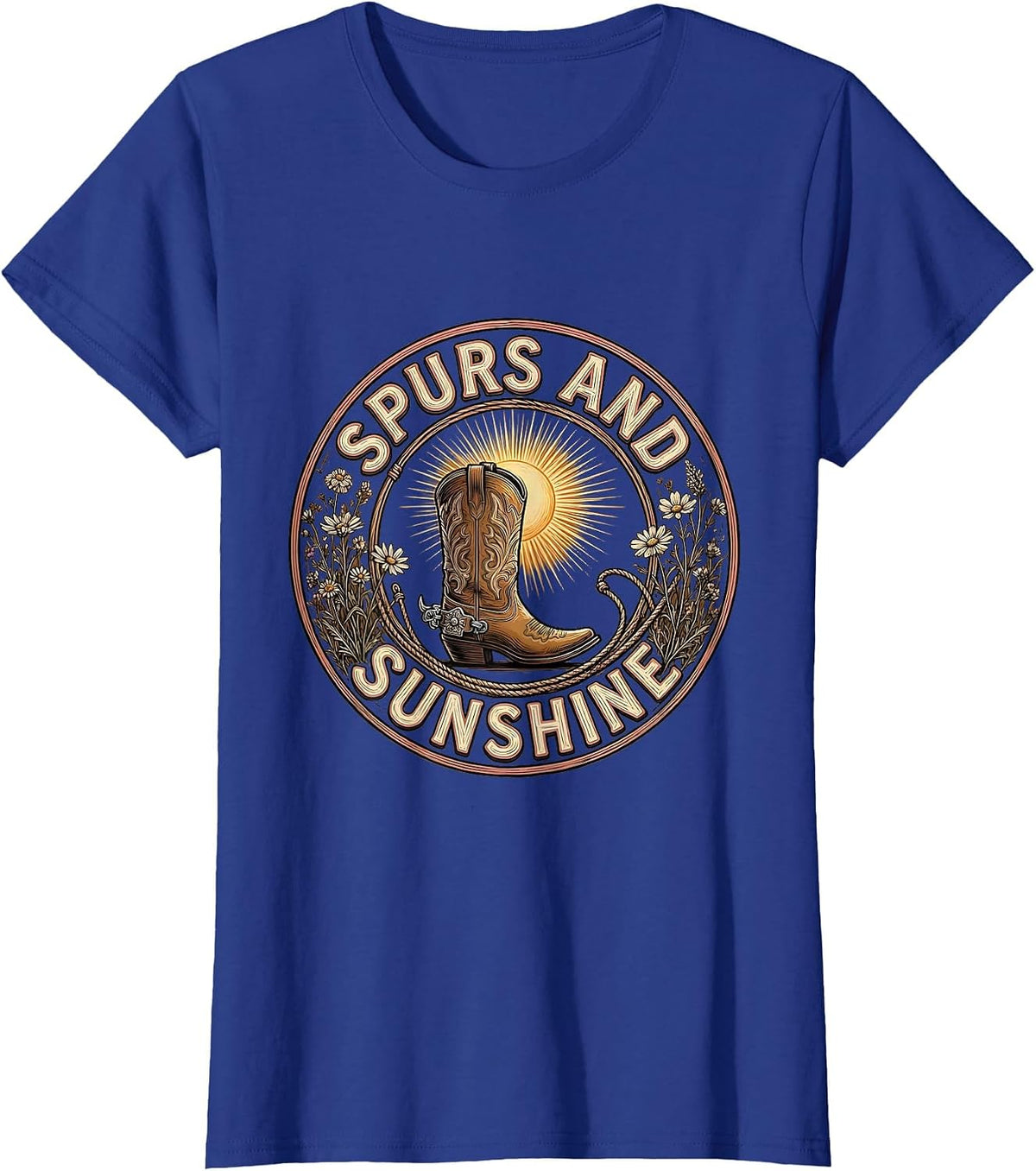 Women's Spurs and Sunshine Western Design T-Shirt - Royal Blue