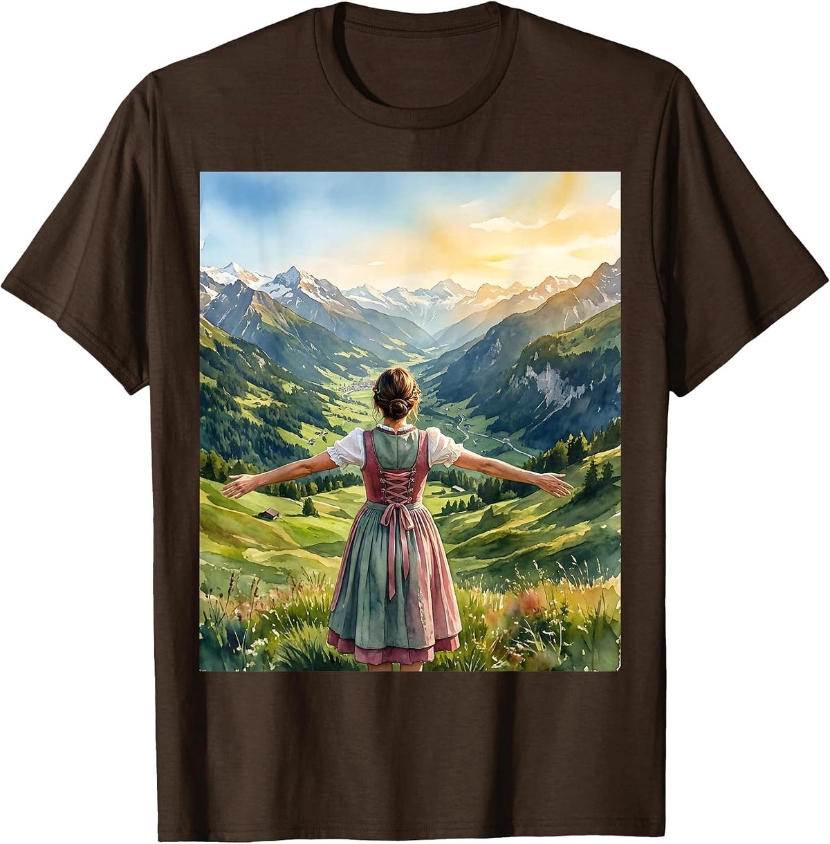 Oktoberfest Bavarian Mountain Valley Gazing T-Shirt - Brown