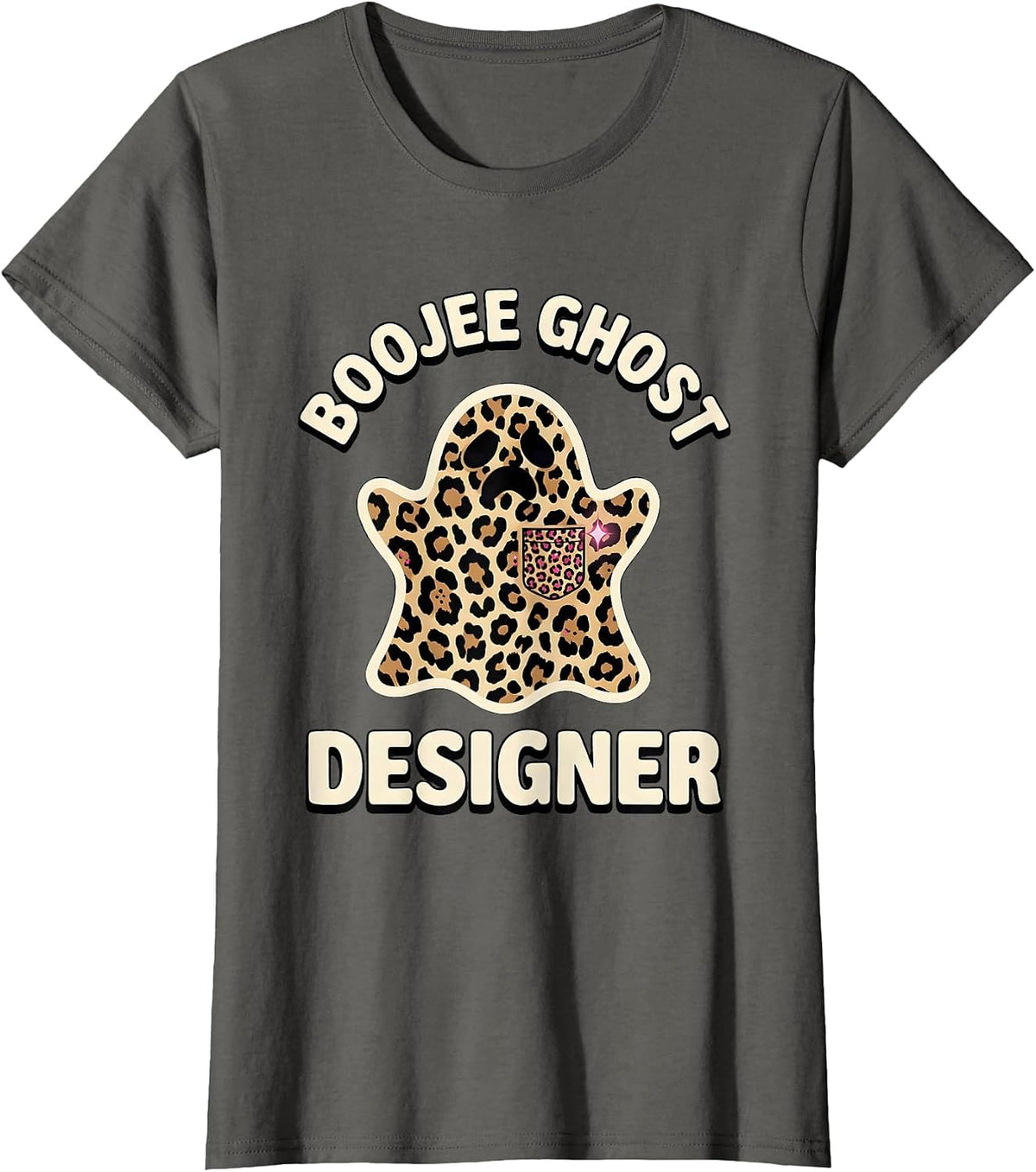 Women's Boojee Ghost Designer Leopard Glam Halloween Party T-Shirt - Asphalt Grey