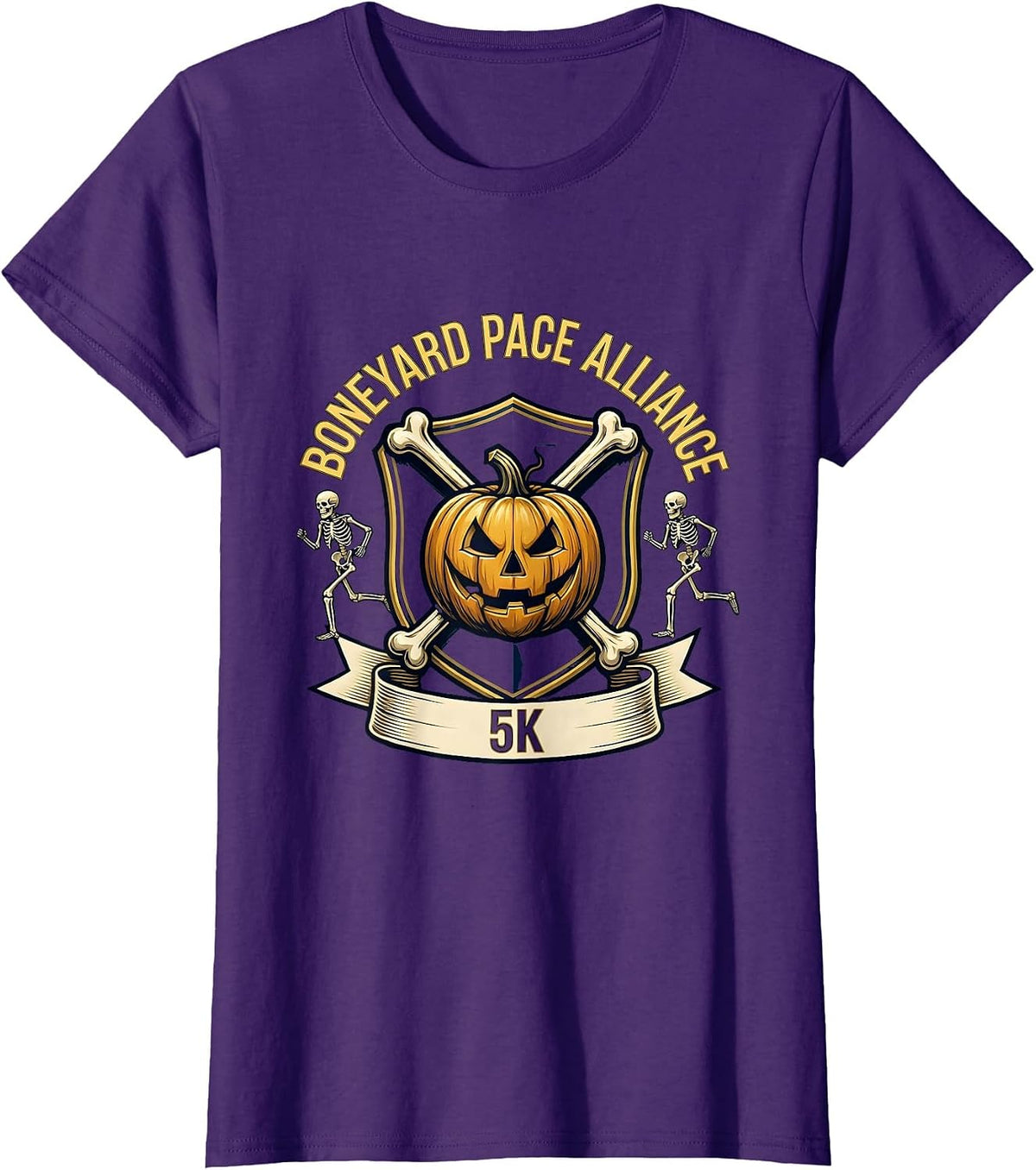 Women's Boneyard Pace Alliance 5K Funny Skeleton Halloween Runner T-Shirt - Purple
