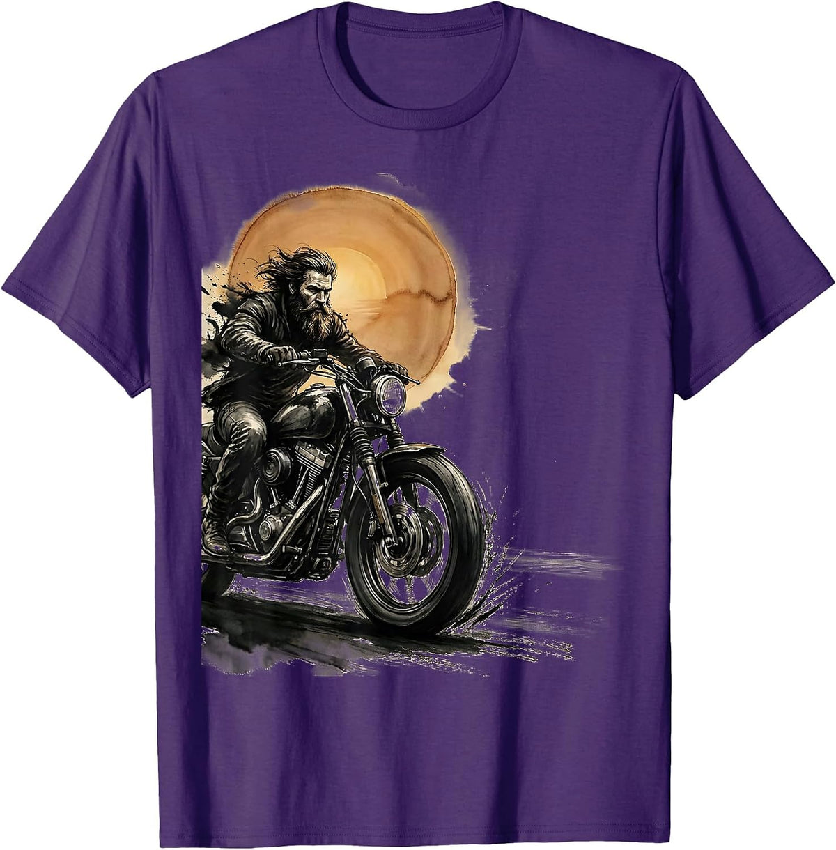 Bearded Biker Sunset Motorcycle Graphic Tee T-Shirt - Purple
