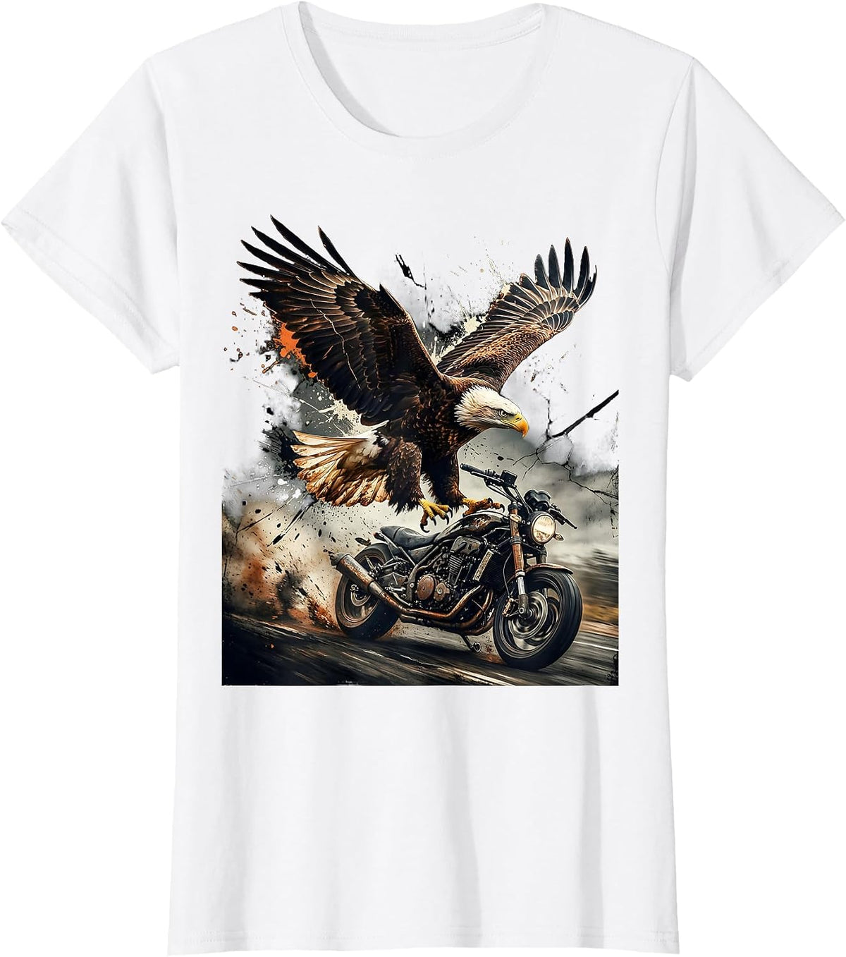 Eagle Swooping Over Speeding Motorcycle Graphic T-Shirt - White