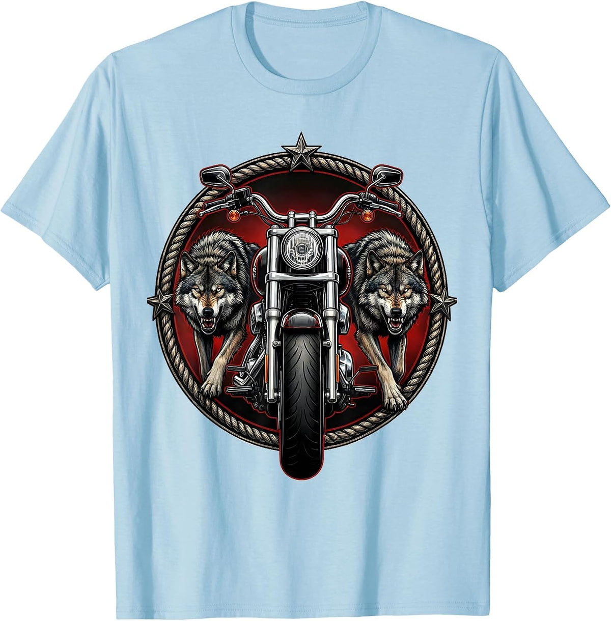 Men's Wolf Pack and Motorcycle Biker Graphic T-Shirt - Baby Blue