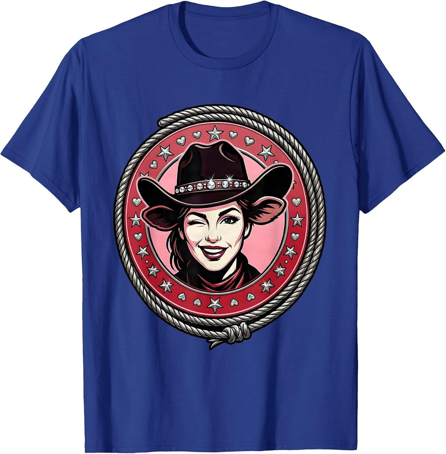 Winking Cowgirl Hat Tipped Graphic Design T-Shirt - Royal Blue