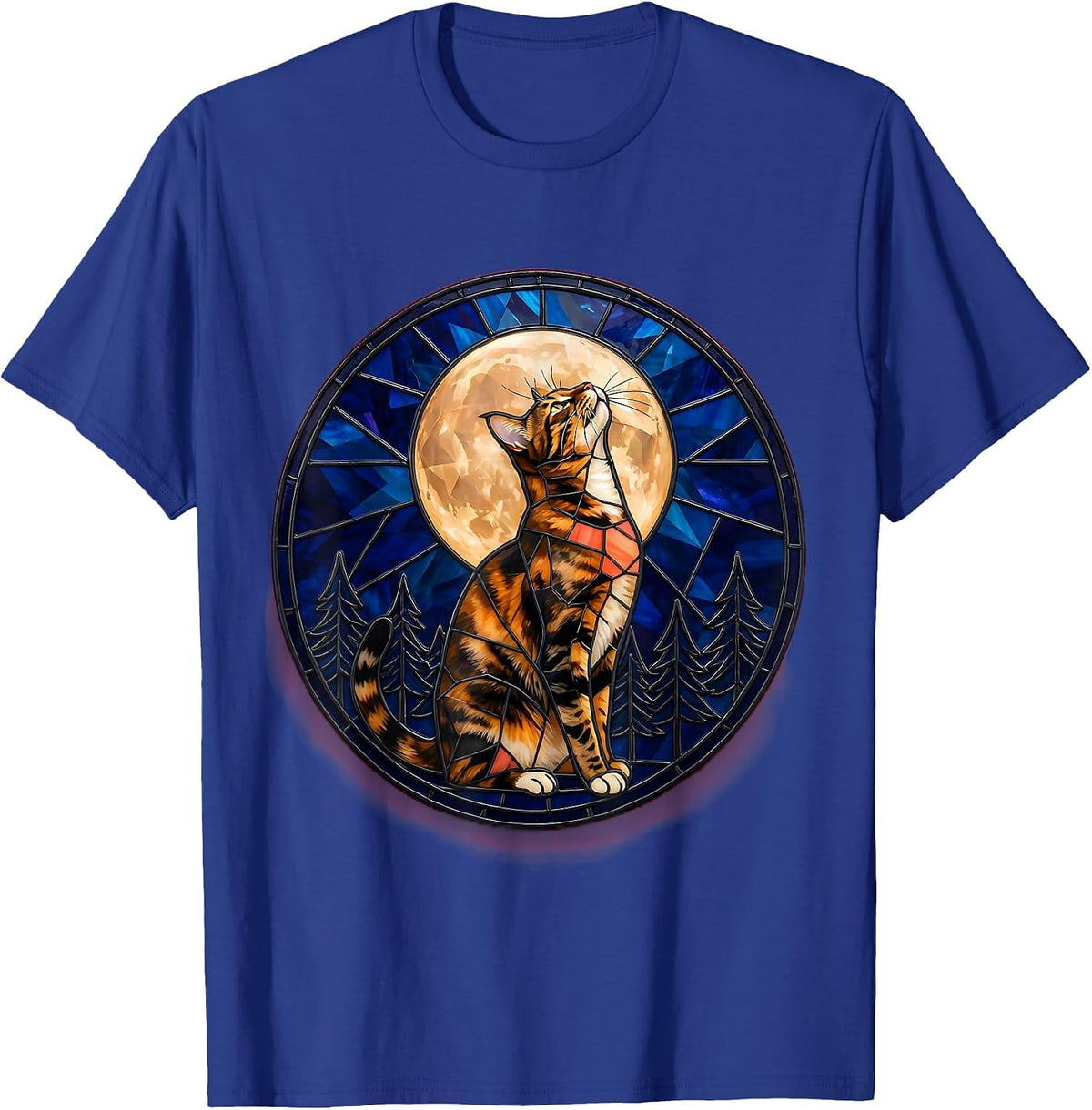 Tortoiseshell Cat Howling at Moon Stained Glass Mosaic 90s T-Shirt - Royal Blue