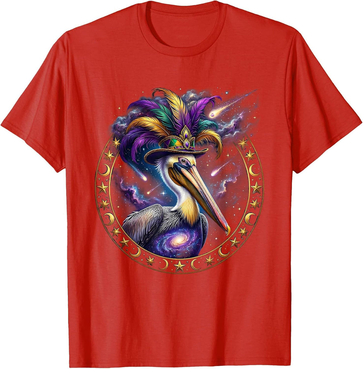 Men's Mardi Gras Pelican Feathered Hat Festive Design T-Shirt - Red