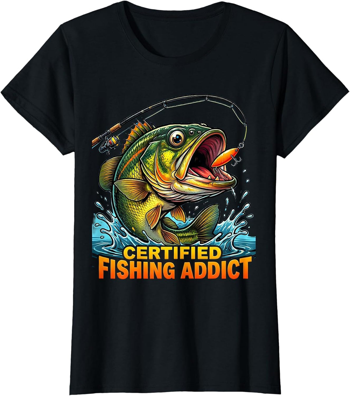 Certified Fishing Addict Graphic Design T-Shirt - Black