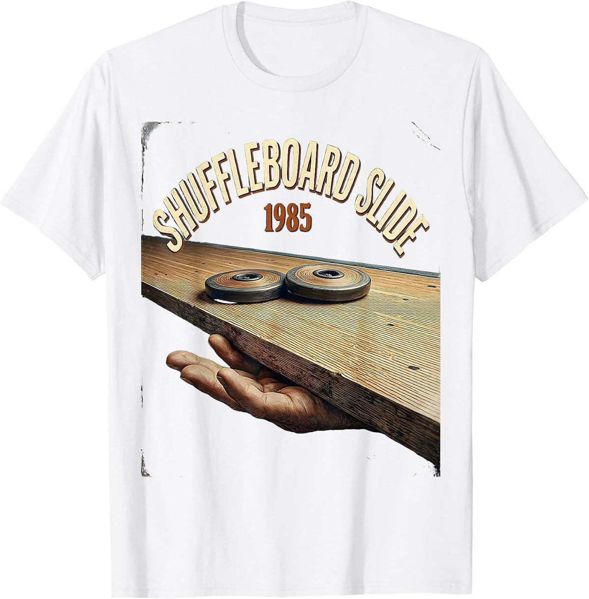 Men's Shuffleboard Slide, 1985 Vintage Retro Funny Shuffleboard T-Shirt - White