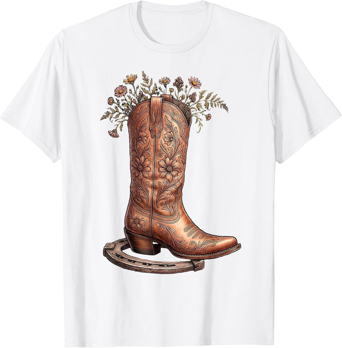 Bold Cowboy Boot Crushing Horseshoe Graphic T-Shirt - White