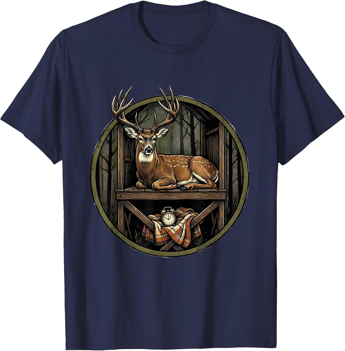 Deer Hunter Buck in Stand Funny Hunting Humor T-Shirt - Navy Blue