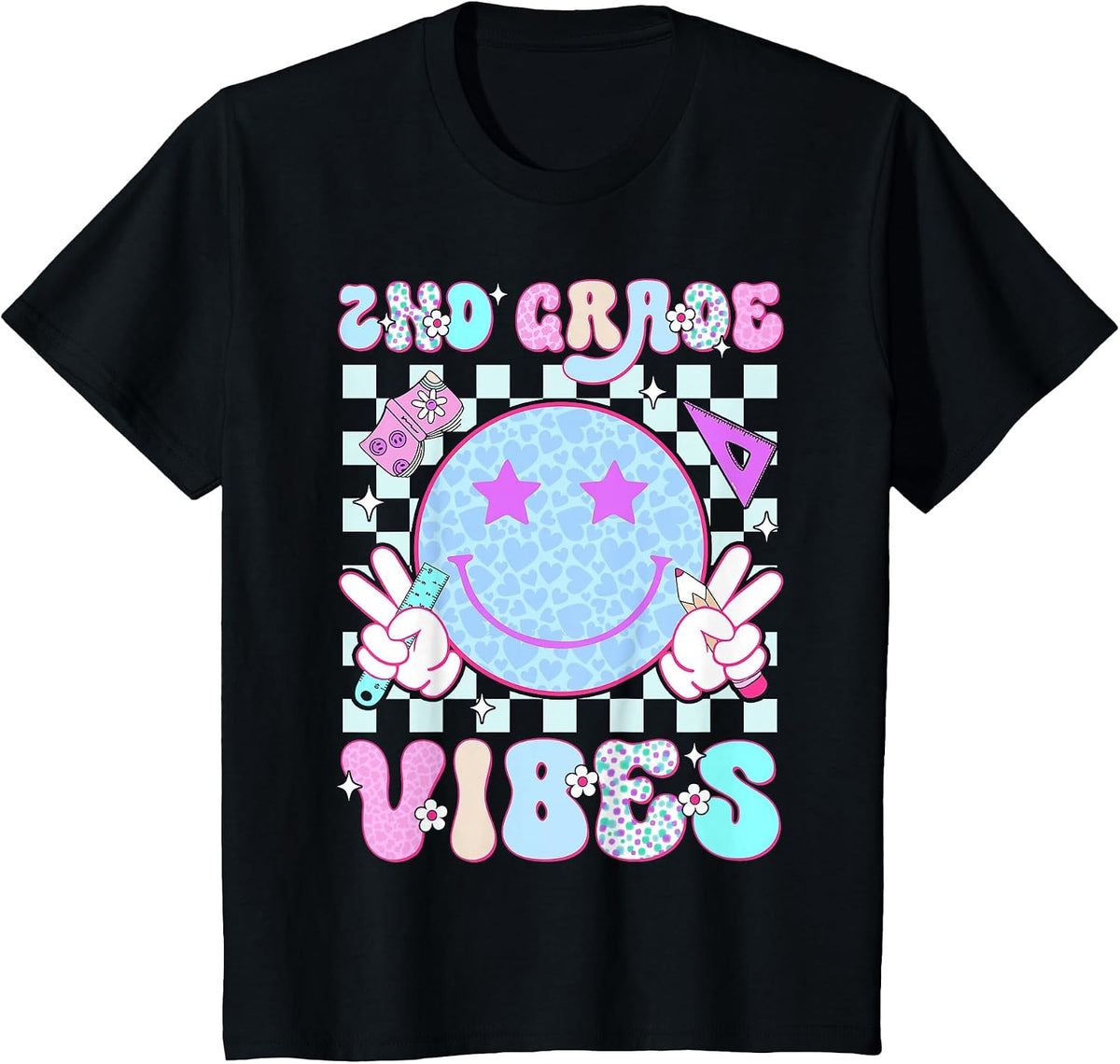 2nd Second Grade Vibes Smile Face Back to School Girl T-Shirt - Black
