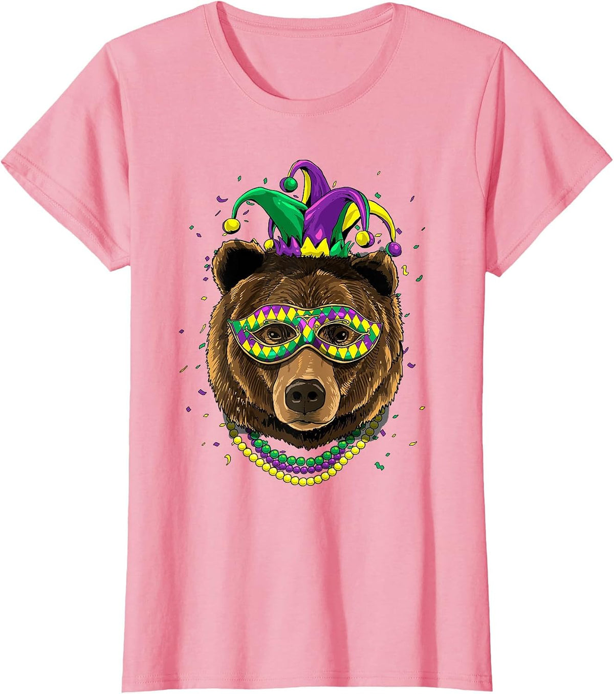Bear Animal Lover Cute Mardi Gras Carnival Jester T-Shirt, Women, Pink, Large - As Pictured