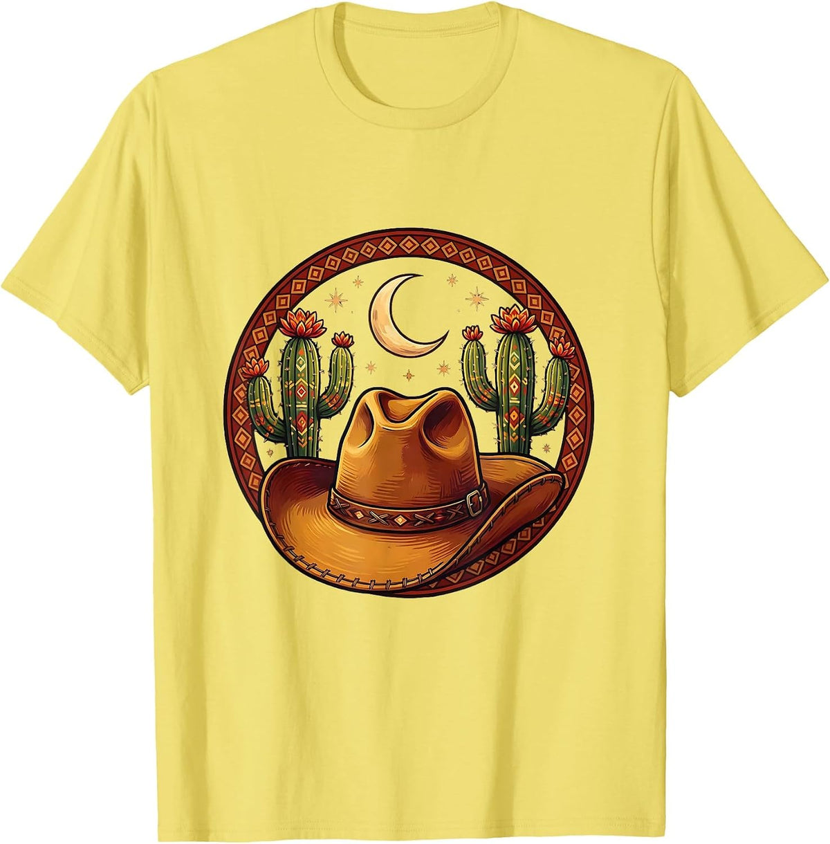 Men's Cowgirl Hat Cactus Crescent Moon Western Design T-Shirt - Lemon Yellow