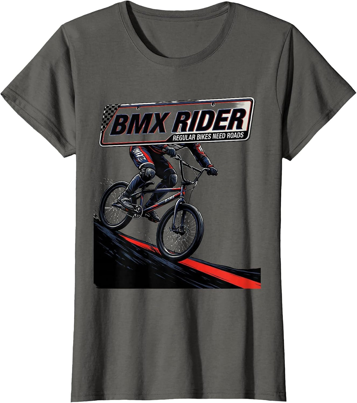 Women's BMX Rider, Regular Bikes Need Roads Racing Livery Graphic T-Shirt - Asphalt Grey