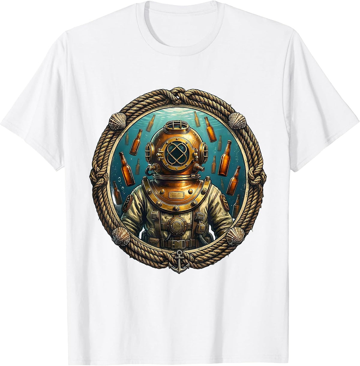 Men's Deep Sea Diver Beer Bottles Underwater Graphic T-Shirt - White