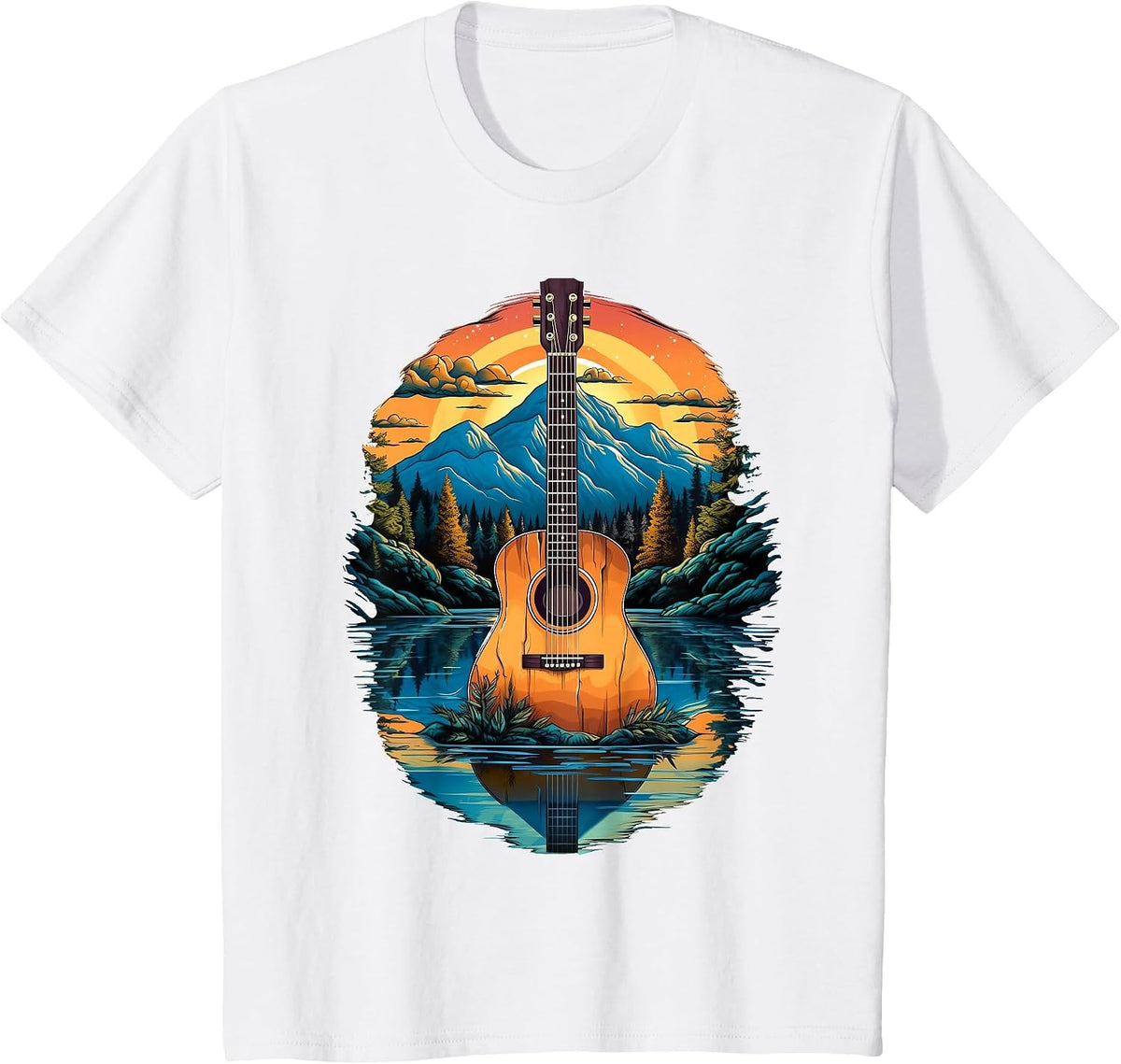Acoustic Guitar Sunset By The Lake T-Shirt - White