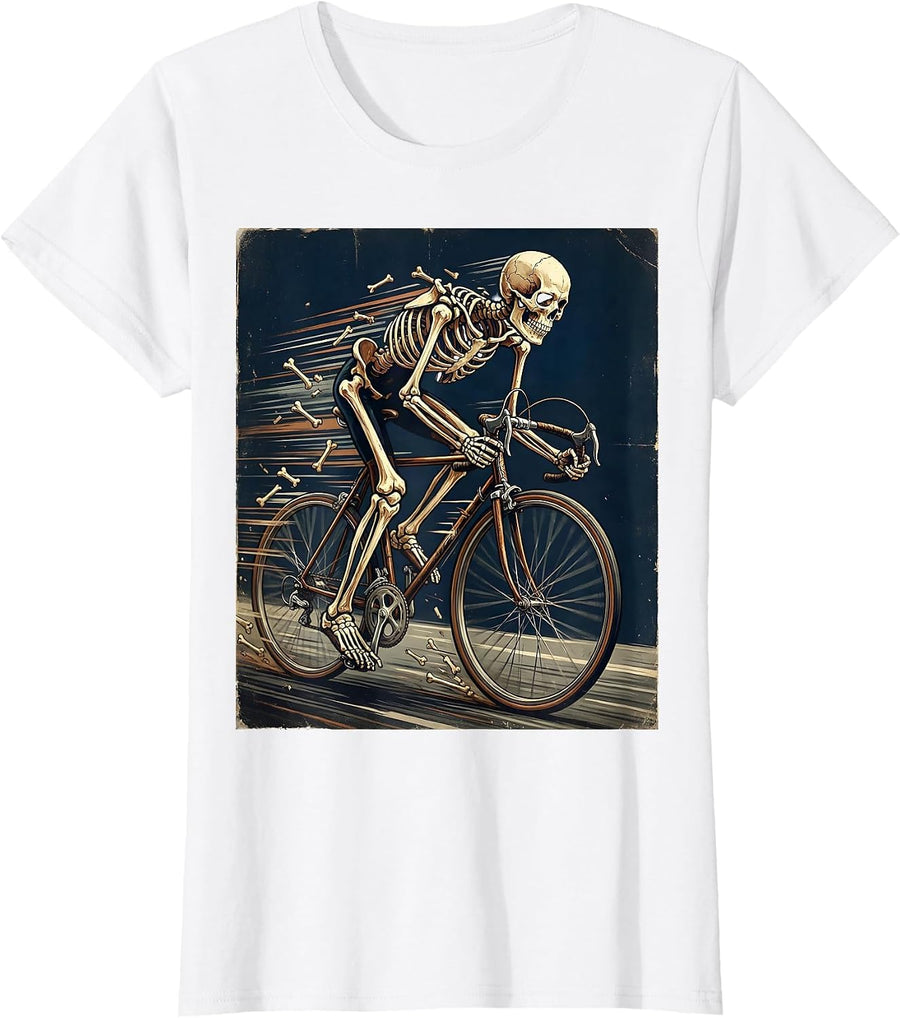 Women's Skeleton Cyclist Racing Full Speed Bike Graphic T-Shirt - White