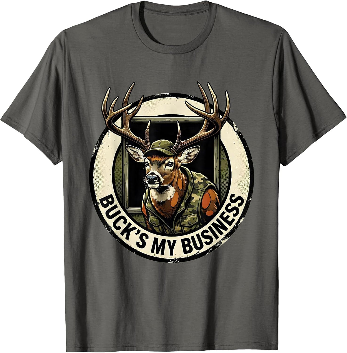Buck's My Business Distressed Deer Hunting Camo Gift T-Shirt - Asphalt Grey