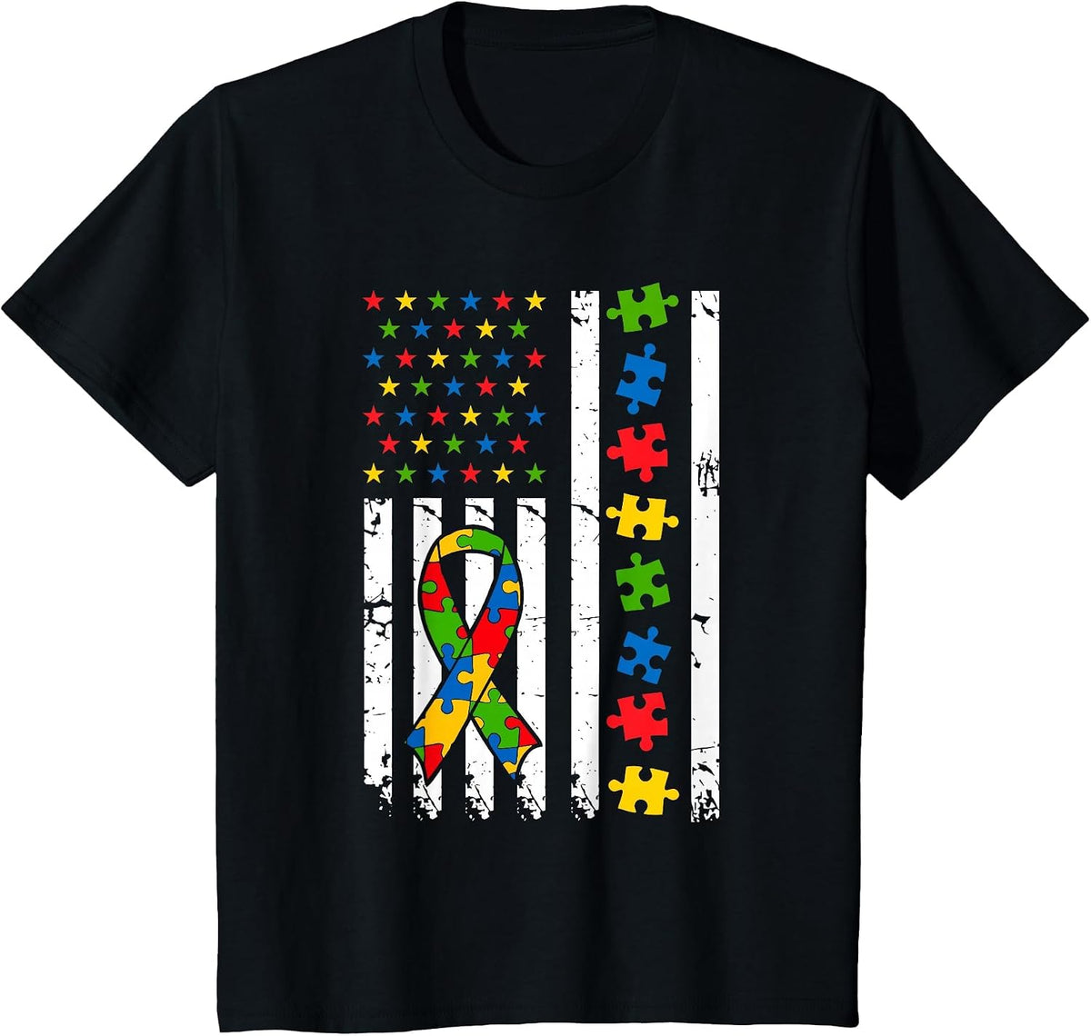 American Flag Autism Awareness Support Neurodiversity Women T-Shirt - Black
