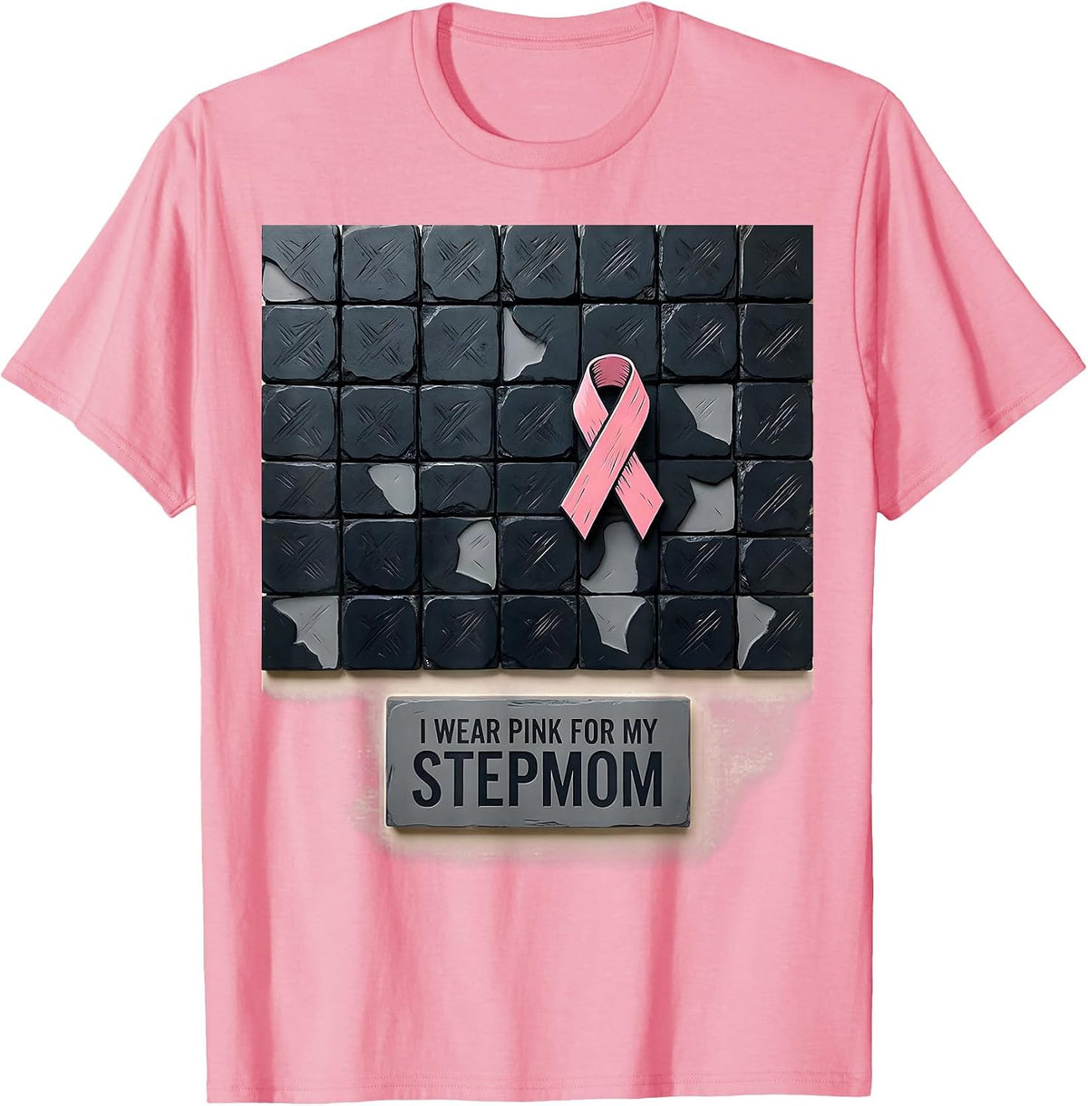 Men's I Wear Pink For My Stepmom Linocut Breast Cancer Awareness T-Shirt - Pink